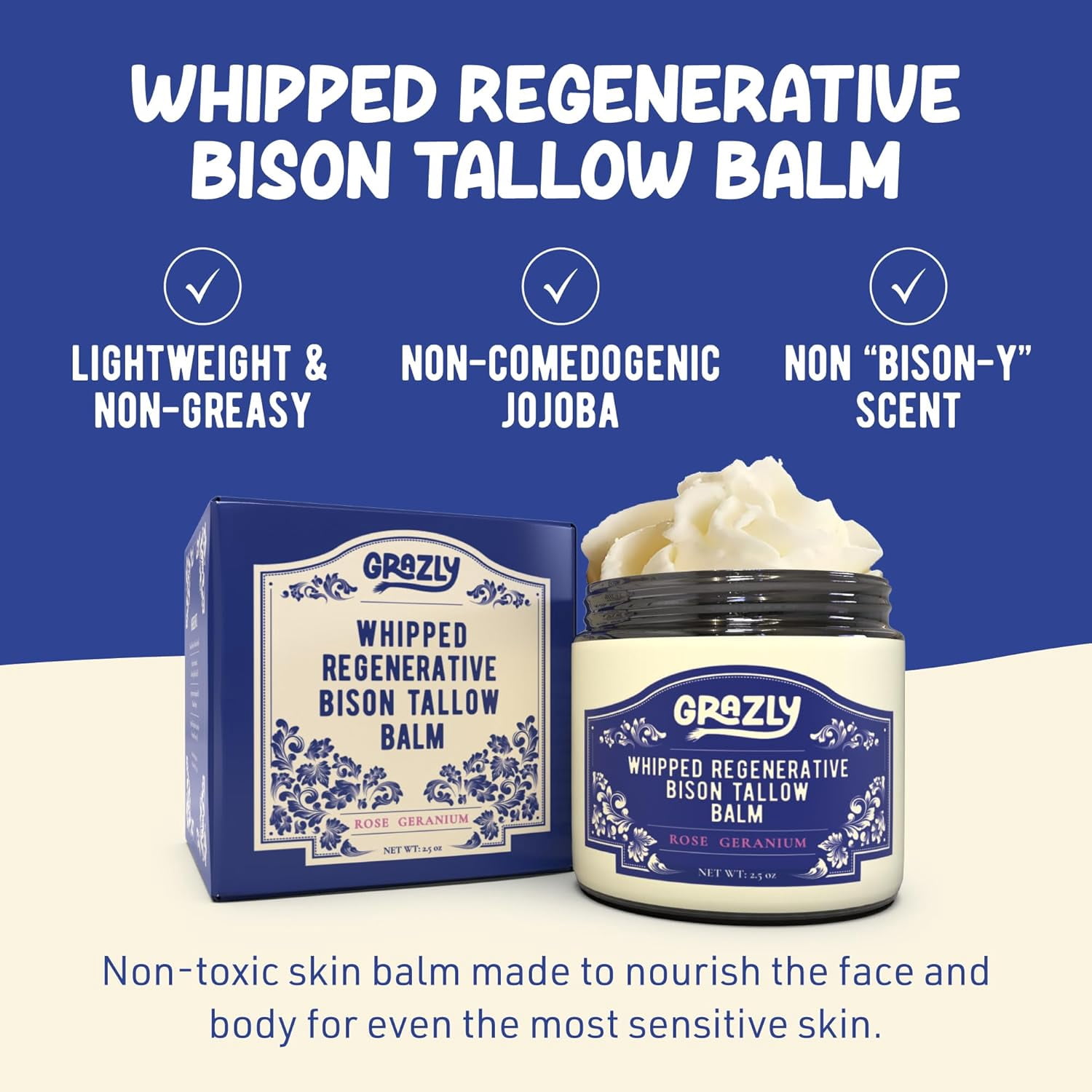 Grazly Rose Whipped Bison Tallow Balm with Manuka Honey & Jojoba Oil - Grass-Fed & Finished Organic Tallow Face Moisturizer - Face & Body Cream for Acne-Prone Skin - Nourishing Skincare - 2.5oz