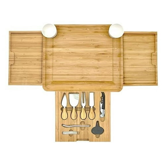 Bam&Boo - Natural Bamboo Charcuterie Board, Cheese Knife, Ceramic Plate 16-Piece Set - Food & Drink for Crackers, Wine, Meat, Fruit, Nuts (Large, 15” x 13” x 2”)