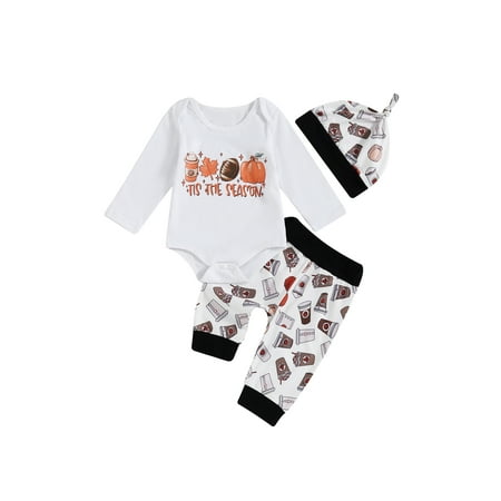 

Niceyoeuk Baby Boy Fall Outfit Letter Print Long Sleeve Romper with Coffee Cup Pattern Pants and Hat 3 Pcs Set