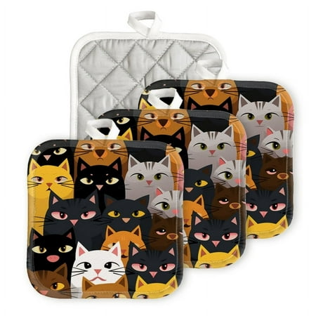 

BaHomeck Pot Holders 4pcs dacron Made Square heat-resisting mat Machine Washable for Kitchen Oven Hot Pads 6.7inch*6.7inch Large Group Of Cartoon Cats With Different Colors And Sizes