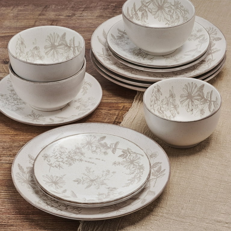Pfaltzgraff Enchanted Bloom 12 Piece Stoneware Dinnerware Set Gray