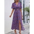 thumbnail image 4 of Purple Floral Wrap Maxi Dress With V-Neck Short Sleeves Belted Waist Flared Hem, 4 of 7