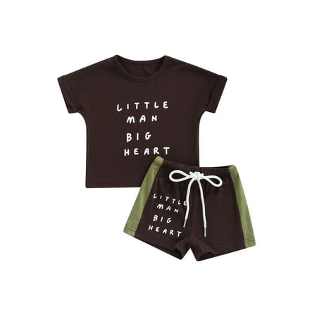 

Nokpsedcb Toddler Baby Boys Girls Summer Clothes Short Sleeve Letter Print T-Shirt + Contrast Color Drawstring Shorts Brown 1-2 Years