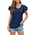 thumbnail image 1 of YYDGH Women's V Neck T Shirt Summer Hollow Casual Ruffle Sleeve Tops Blouse Blue L, 1 of 5