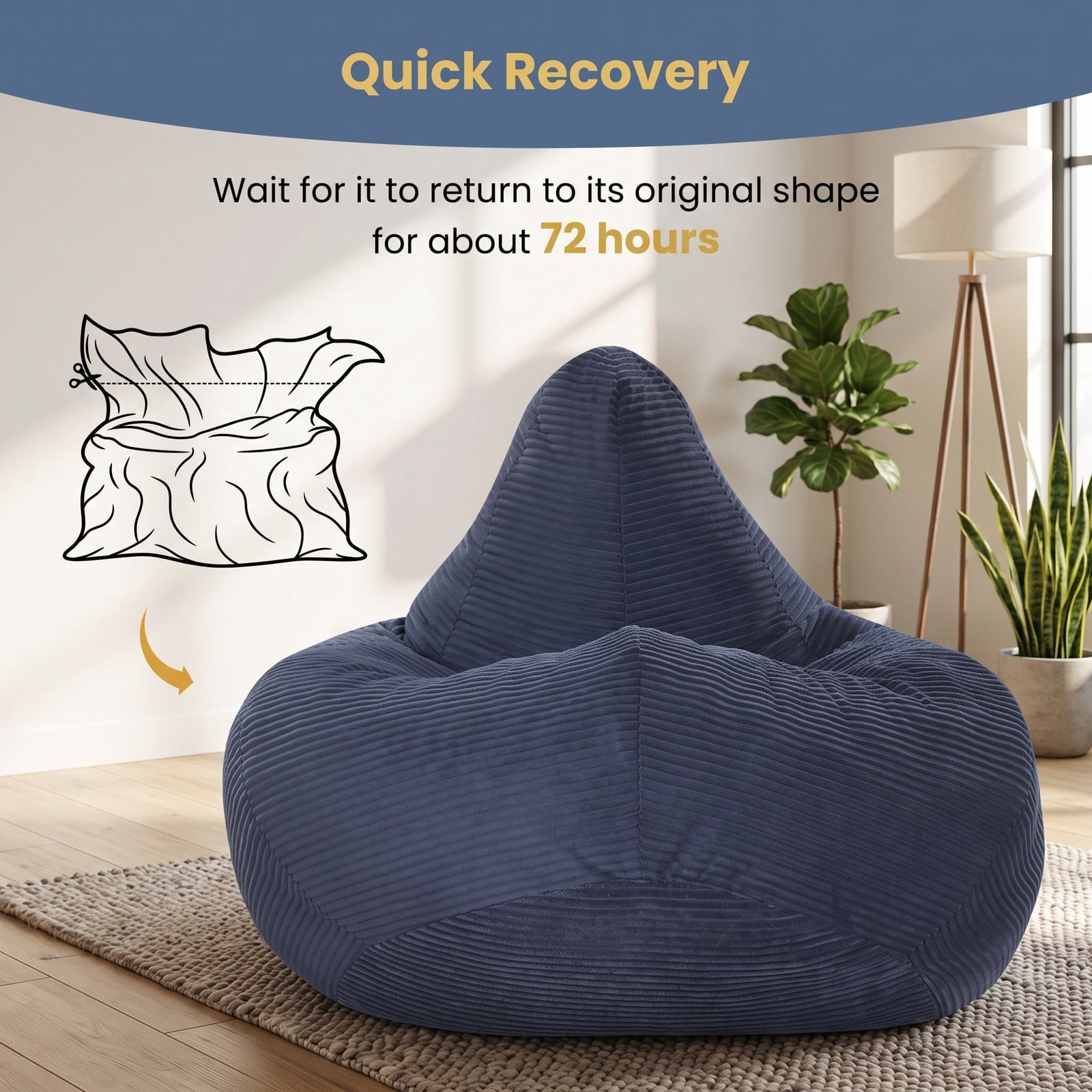 Furnibear Bean Bag Chair for Adults, Corduroy Lazy Lounger Accent Sofa with Soft Sponge Filling, Skin-Friendly Cover, Ergonomic Reading Gaming Seat for Living, Blue