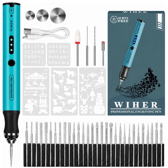 Wiher Electric Engraving Pen with 37 Bits, USB Rechargeable Cordless Etching Engraving Tool, Portable DIY Rotary Engraver for Jewelry Wood Glass Stone Carving(Blue)