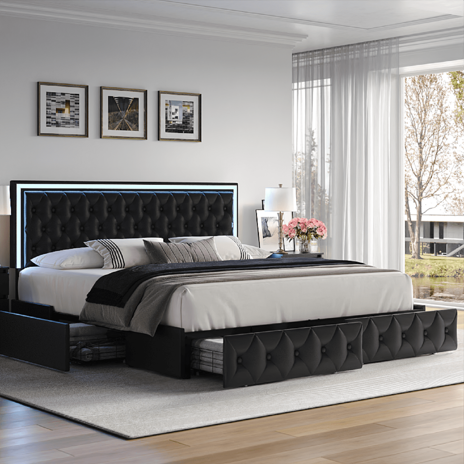 Homfa Queen LED Bed with 4 Drawers, LED Lights Platform Storage Bed Frame with Upholstered Adjustable Button Tufted Headboard, PU Black