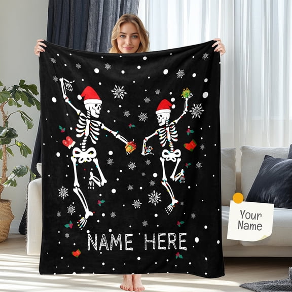 Skeleton Christmas Blanket, Dark Black Cozy Flannel Throw Blanket with Customizable Names, Holiday Decoration for Sofa, Plush Gift for All Seasons