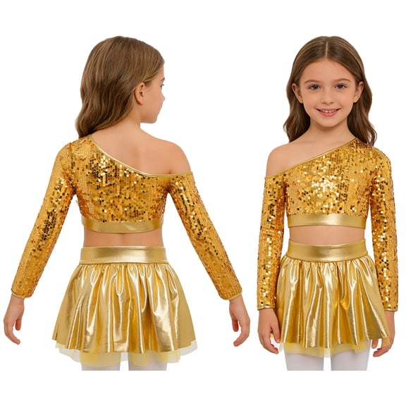 Doomiva Girls 2-piece Jazz Dance Outfit Set Sequined Long Sleeve Crop Top with Shiny Tutu Skirt Ballroom Dress Set Gold 16