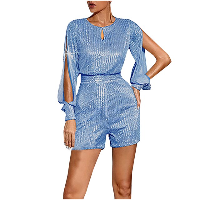 FAIWAD Sequin Jumpsuits for Women Split Long Sleeve Rompers Button Slim Stretchy Rompers for Evening Party