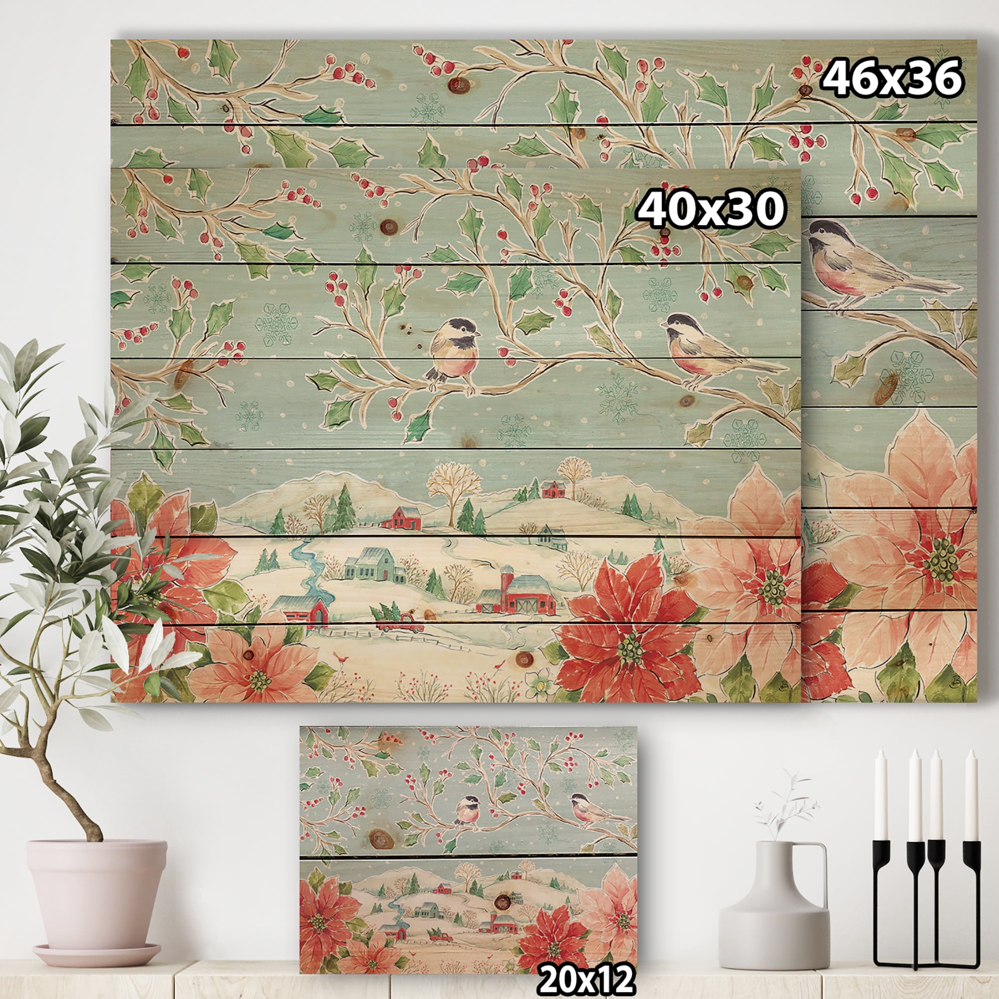 Designart 'Bird Sitting On Flower Branch in Winter' Farmhouse Print on Natural Pine Wood