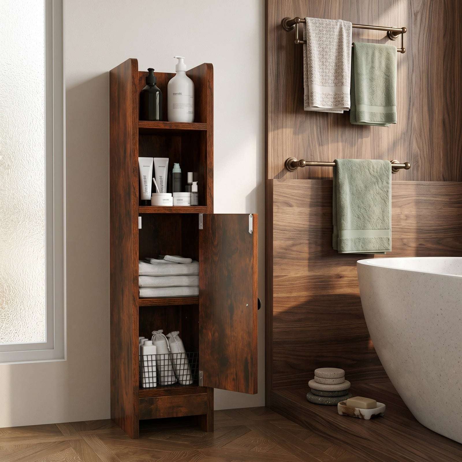 Fenbeli Slim Bathroom Corner Storage Cabinet, Freestanding Floor Cabinet with Door and Adjustable 3-Tier Shelf, Anti-Tipping Space-Saving Organizer for, Rustic Brown