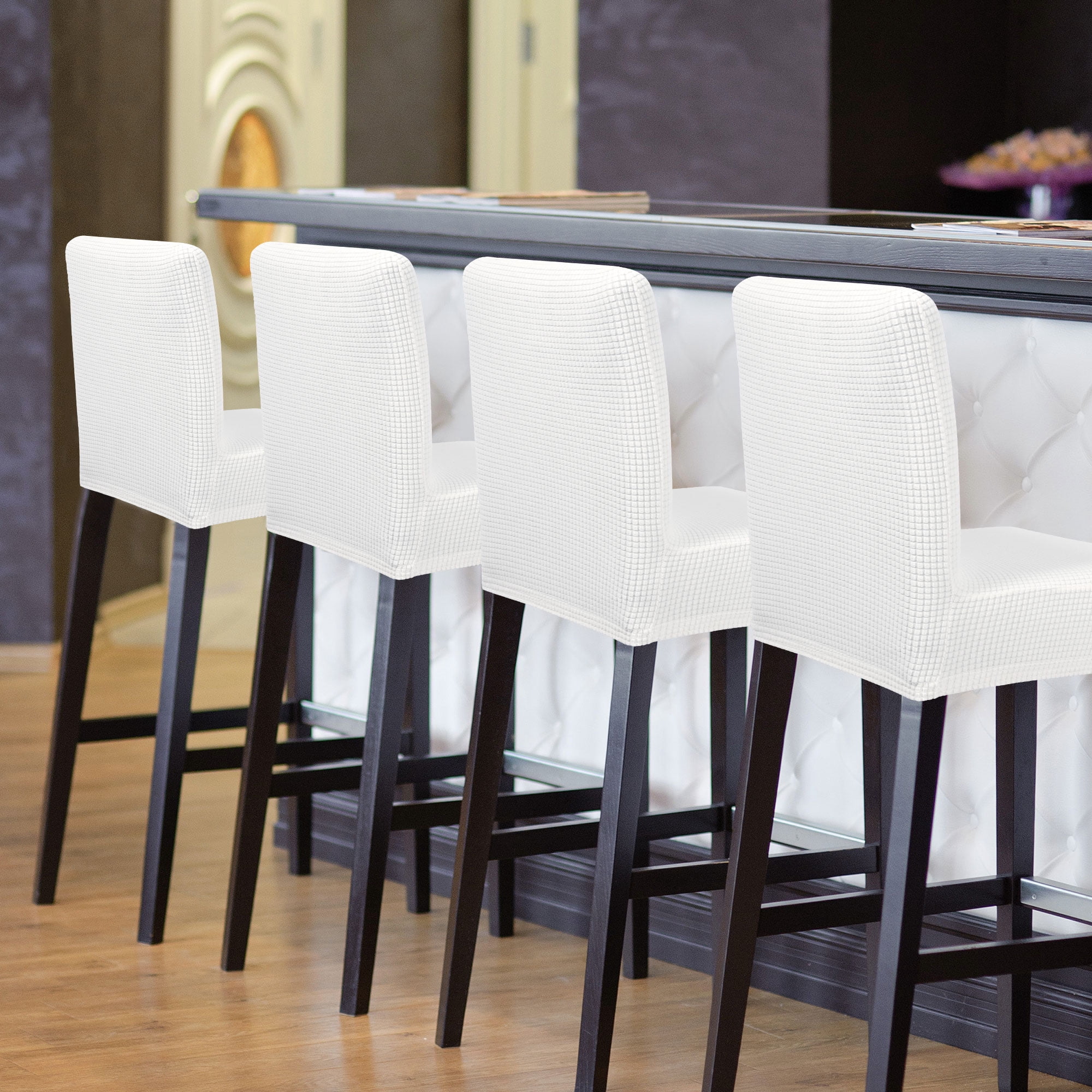 Unique Bargains Polyester Stretch Bar Stool Covers Elastic Band Mid Back Chair Slipcover Snow White 4 Pcs