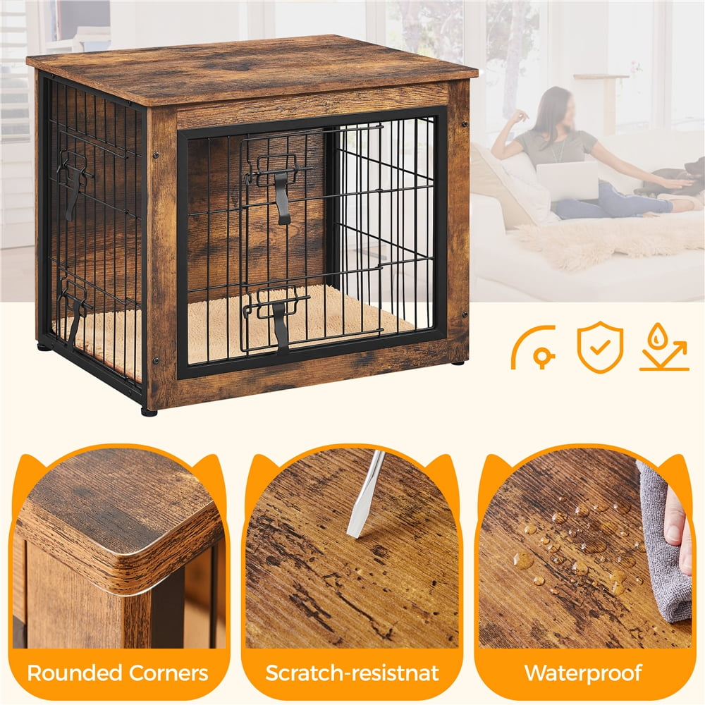 Alden Design 32″ Dog Crate Furniture with Anti-skid Plush Mat for Medium Dog, Rustic Brown
