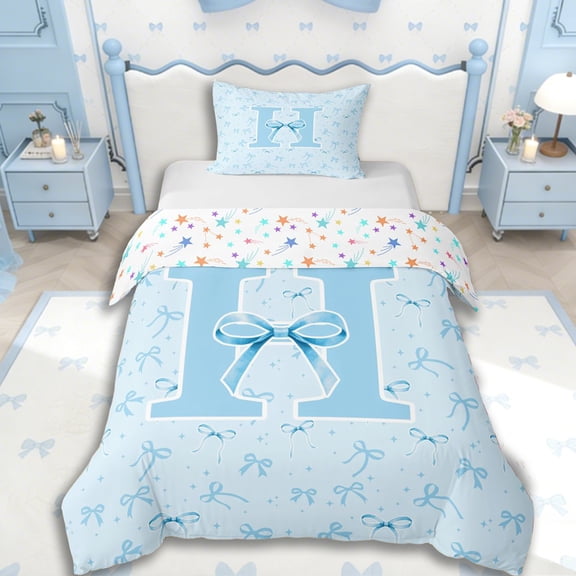 Erosebridal Kawaii Blue Bow Twin Bedding For Girls Twin Bedding,Personalized Initial H Duvet Cover Set,Super Cozy Room Decor,2pcs,No Comforter