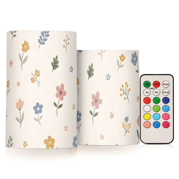 Floral Small Flowers Flameless Candles Flickering with Remote and Timer Battery Operated LED Pillar Candle Set of 2