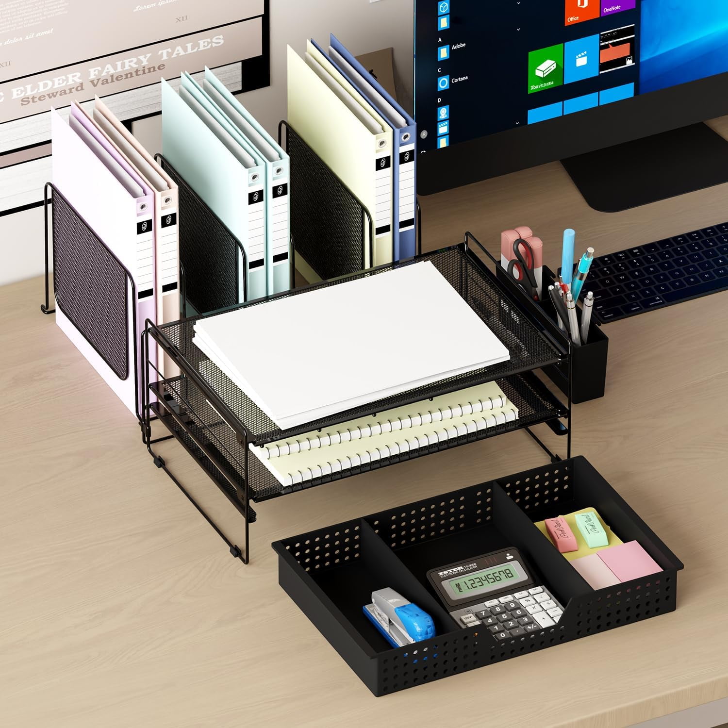 Desk Organizer, Office Organization with Vertical File Holder, Organizer Drawer and Pen Accessories Workspace Organizers for Home (Black)