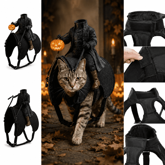 Headless Horseman Cat Costume, 3D Dark Rider Pet Halloween Costume with Horse Riding Illusion and Magic Tape for Cats Small Dogs Puppy Kitty Party