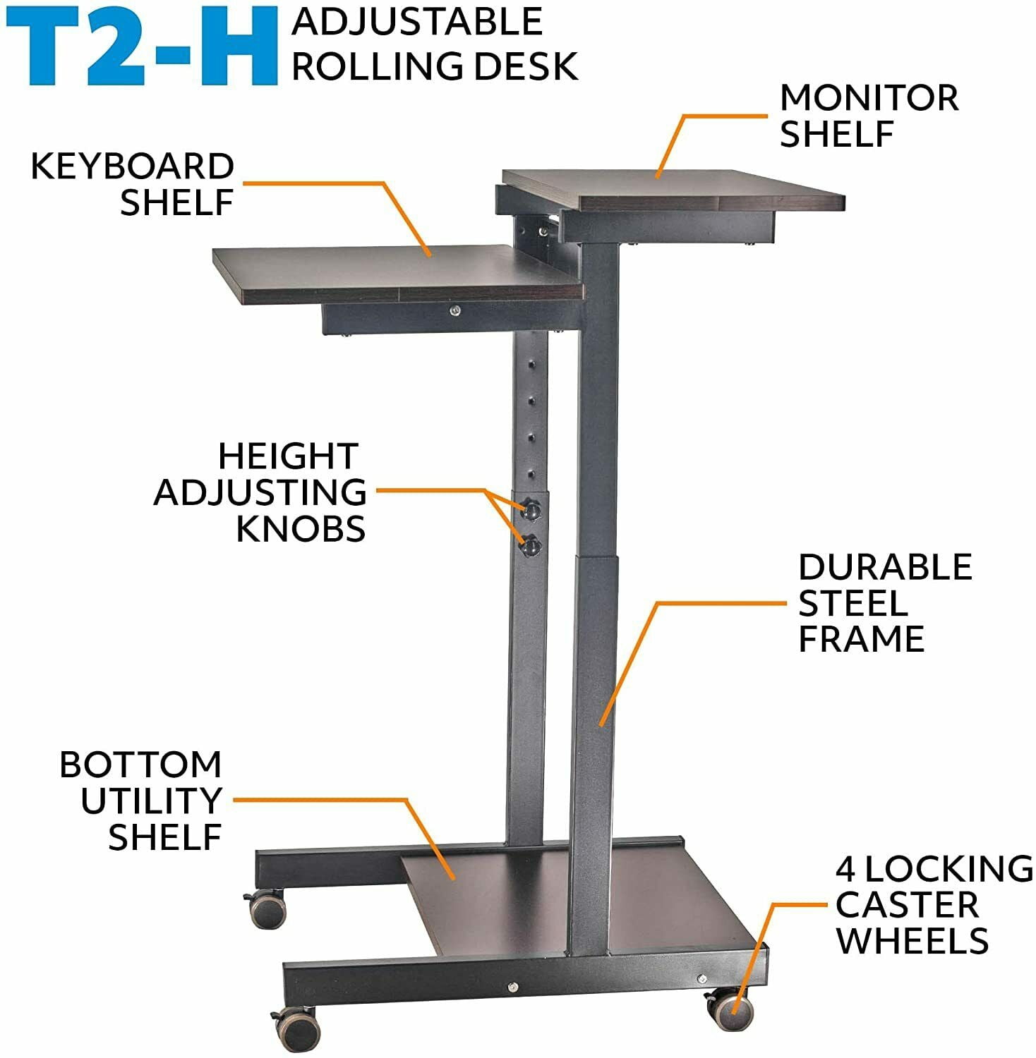 POCHAR Height Adjustable Computer Station Mobile Computer Desk - Two Tier Rolling Computer Cart - Black Frame with Espresso Top (21.6'' Wide)