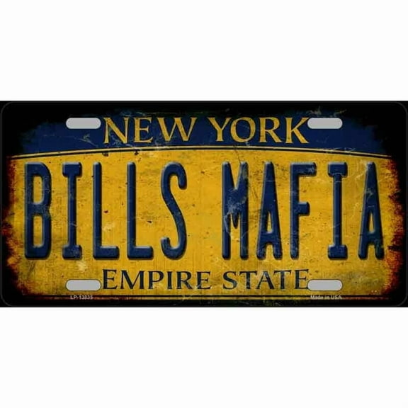Aluminum (12 inch x 6 inch) License Plate Metal Sign Bills Mafia New York Yellow Rusty
