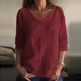 thumbnail image 2 of DDAPJ pyju 3/4 Sleeve Shirt for Women Cotton Linen T Shirts Loose Casual Round Neck Tunic Tops Lightweight Summer Blouse Tees Wine XXL, 2 of 6