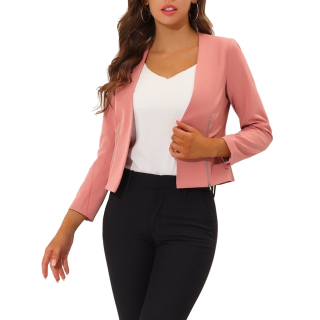 INSPIRE CHIC Blazer Court Sans Col à Fermeture Éclair pour Femme de Style Workwear TP Rose Foncé