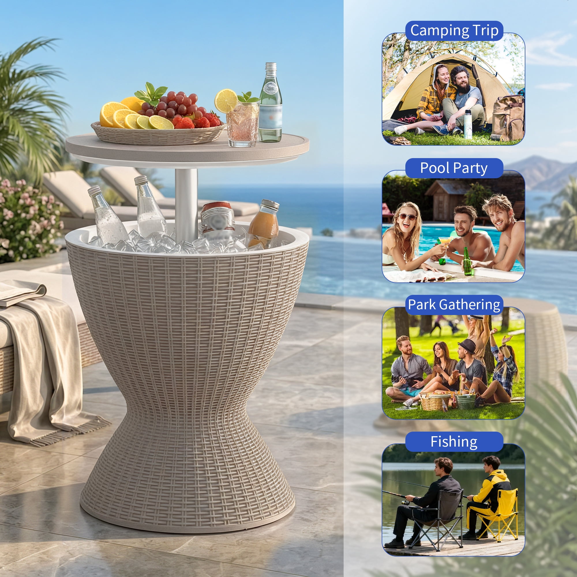 Fazzn  Outdoor Cooler Side Table - 3 in 1 - Designed for use as Outdoor Side Table, Patio Decor and Ice Chest.Black/Brown