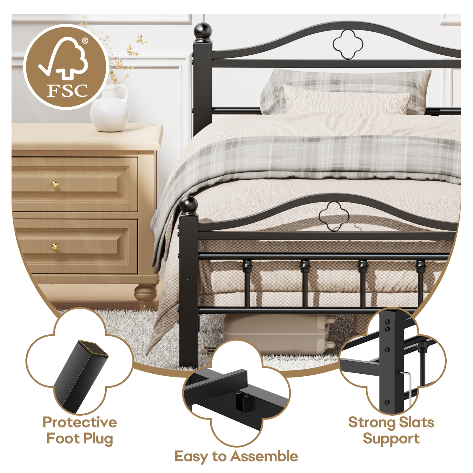 Twin Bed Frames With Headboard -Heavy Duty Twin Size Bed Frame, 1500LBS Capacity & Noise Free Design, 12 Inch Under-Bed Storage, No Box Spring Needed, Easy Assembly, Black