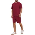 thumbnail image 2 of INSPIRE CHIC Men's Casual Texture Crew Neck Solid Shirt Top and Shorts 2 Piece Outfits M Burgundy, 2 of 6