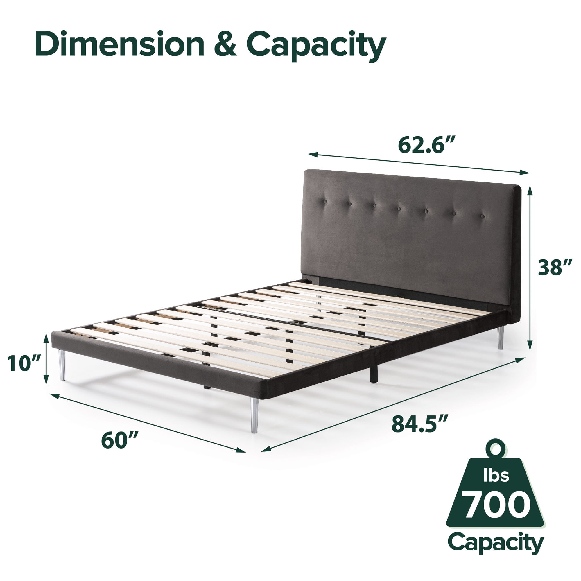 Zinus Taylor 38" Velvet Upholstered Platform Bed Frame, Charcoal, Queen