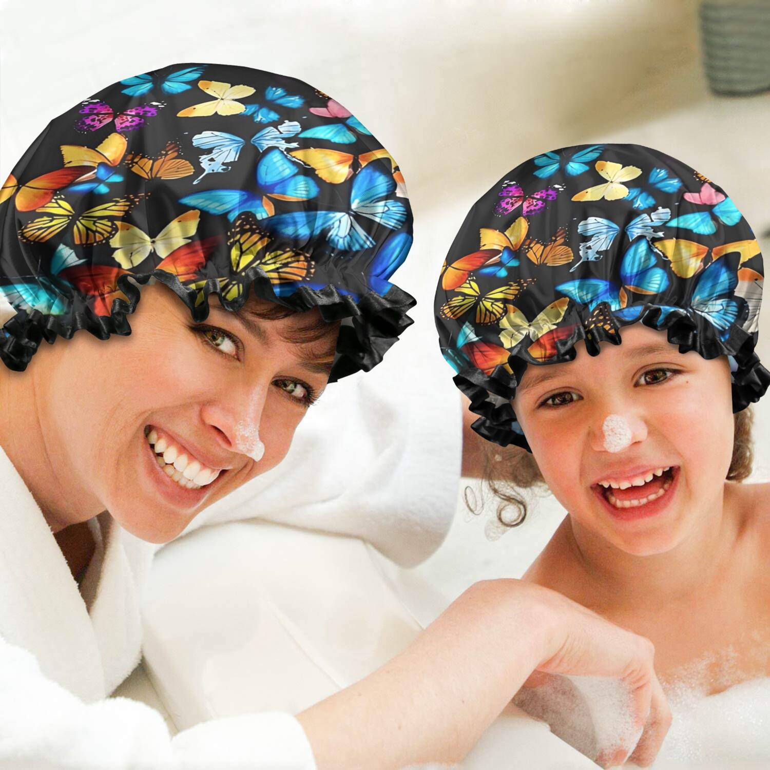 Shower Caps,Black Blue Yellow Butterfly Pattern Waterproof Shower Cap for Women 4 Pieces,Double Reusable Hair Cover for Shower PEVA Elastic Stretch Hem