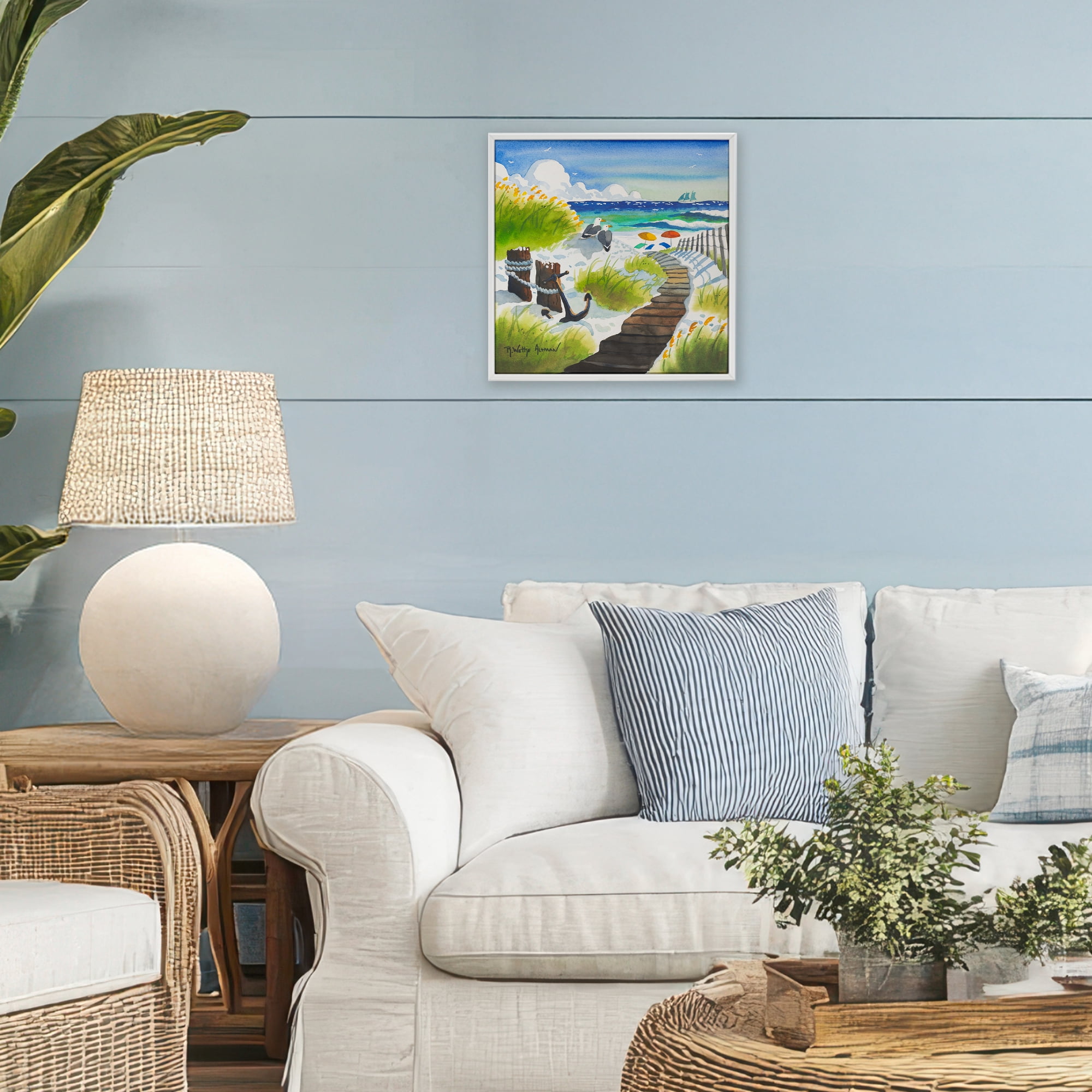 Stupell Industries Seagull & Anchor on Shore White Framed Giclee Art, design by Robin Altman