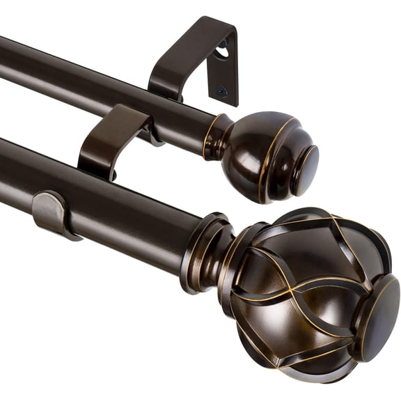 1 Inch Double Curtain Rods 72 to 144 Inches (6-12 Feet) Telescoping Heavy Duty Drapery Rod for Windows 66 to 120 |  Netted Texture Finials,  Antique Bronze