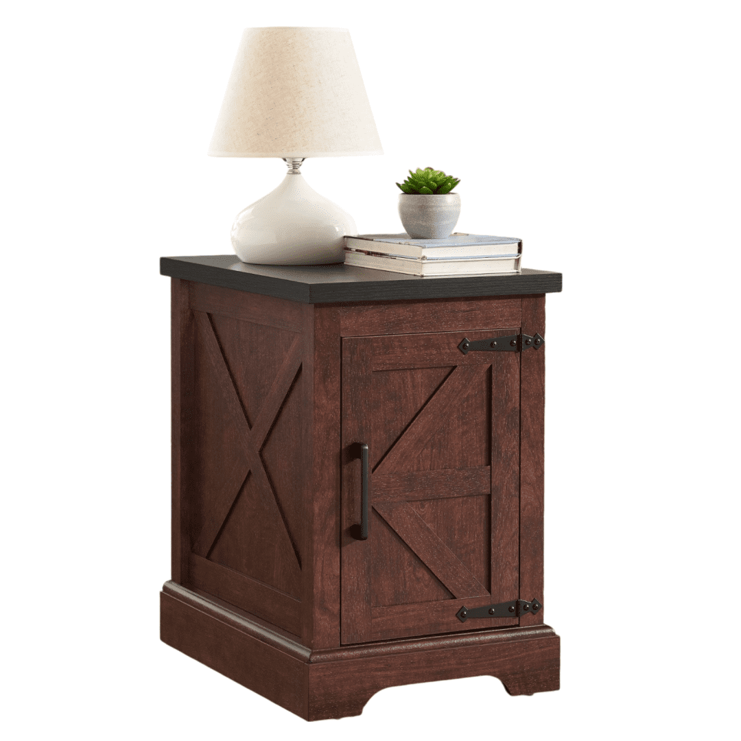 Tcbosik 21.6" Side Table with Barn Door, Rustic End Table with Adjustable Shelf, Small Nightstand for Bedroom, Living Room, Easy Assembly, Oak