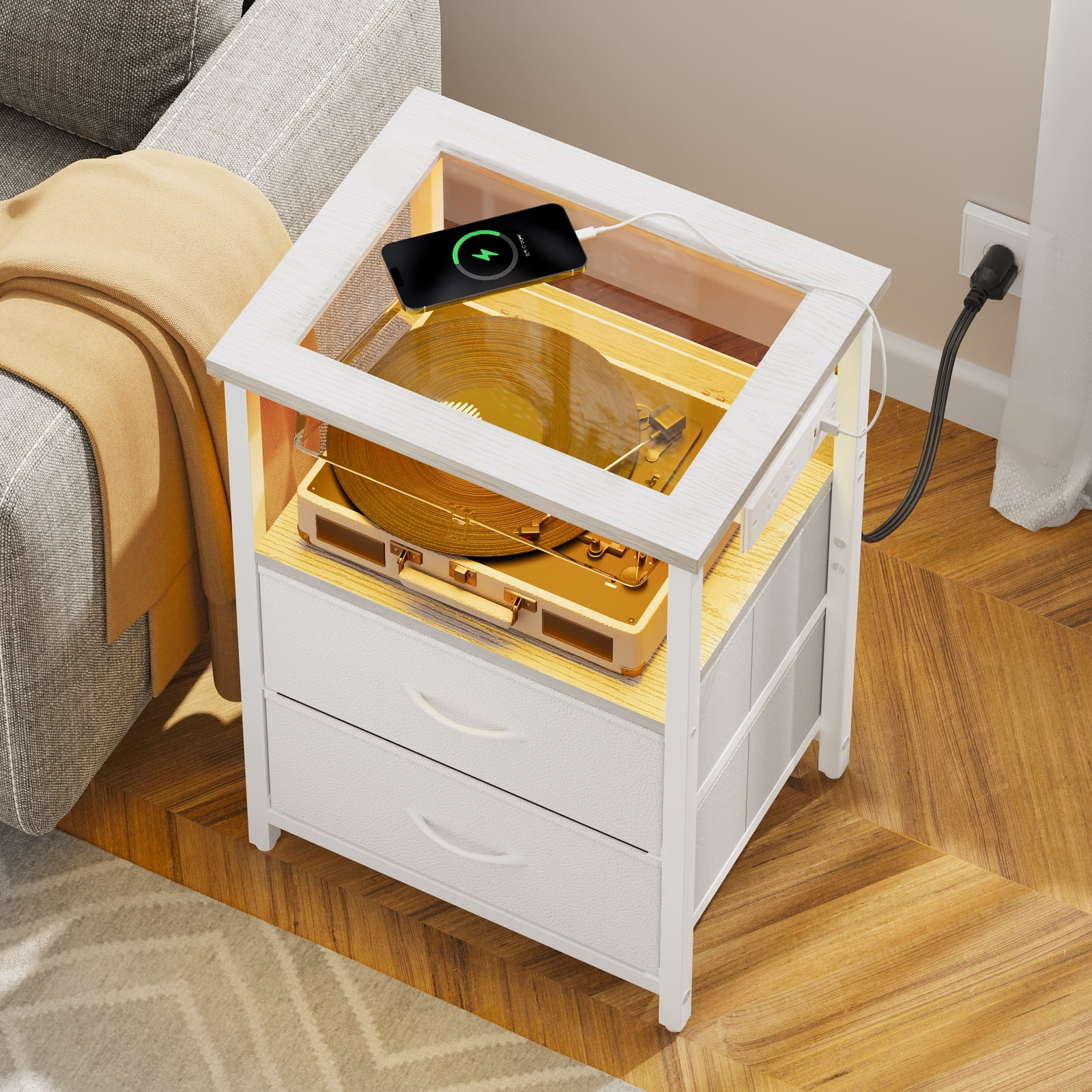 Tomnk LED Nightstand with Charging Station, Modern Bedside Table with Glass Top, USB Ports & Power Outlets, 2 Fabric Drawers Storage End Table for Bedroom, White