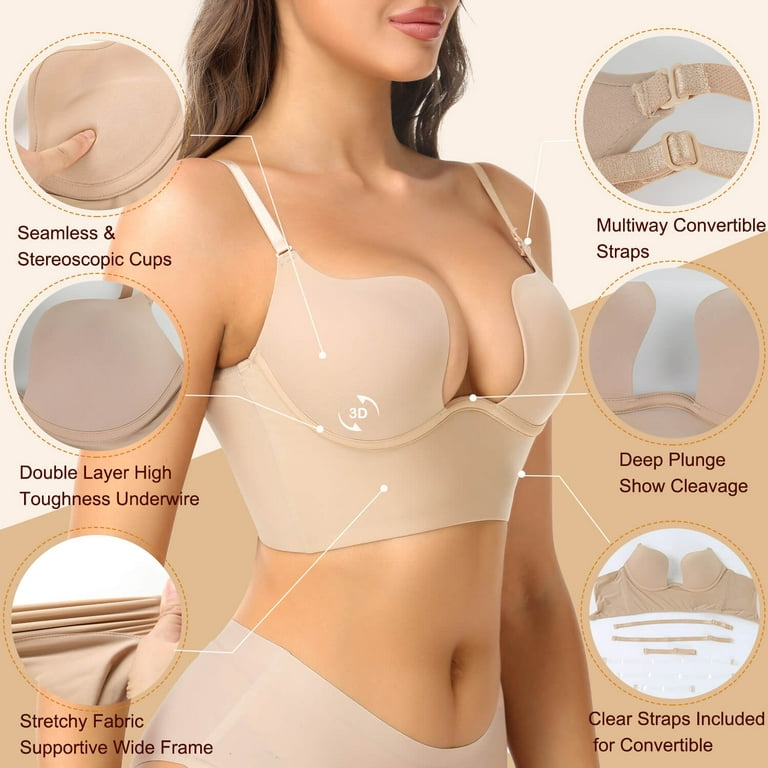 Women low back bra wire lifting deep u shaped plunge backless bra