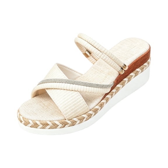 EKVAHL Wedge Walking Slides for Women, Orthopedic Ribbed Arch Support Platform Sandals, Open Toe Summer Beach Vacation Daily Casual Sandals Beige