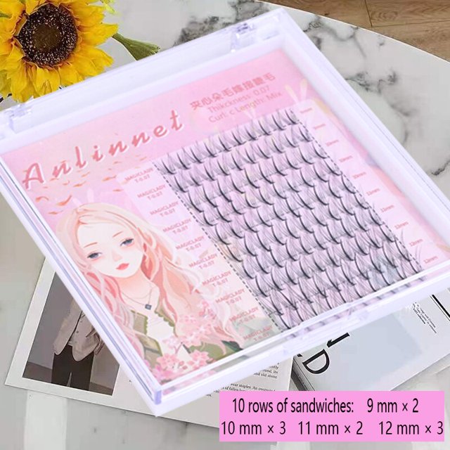 Anlinnet-cola de pez + cabello mezclado tipo A, cinco filas, pestañas postizas naturales mezcladas, autoinjerto, pestañas de racimo único