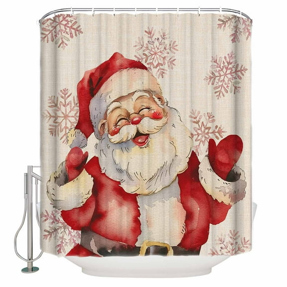 Christmas Vintage Shower Curtain, 48" x 72", Santa Claus Snowflakes Linen Background Waterproof Bathroom Curtain Washable Shower Curtain Set with 12 Hooks