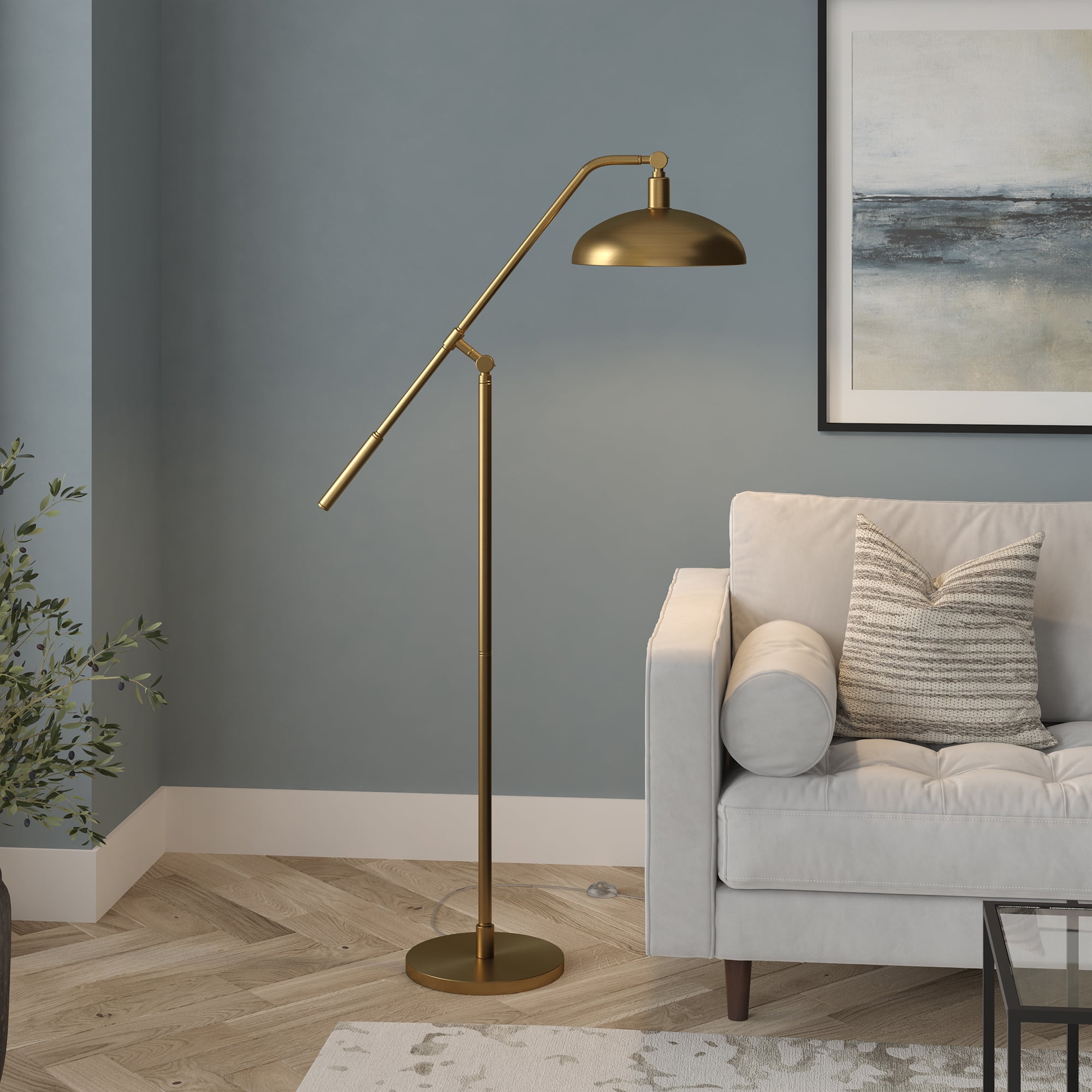 Evelyn&Zoe Devon Boom Arm Floor Lamp with Metal Shade, Brass/Brass