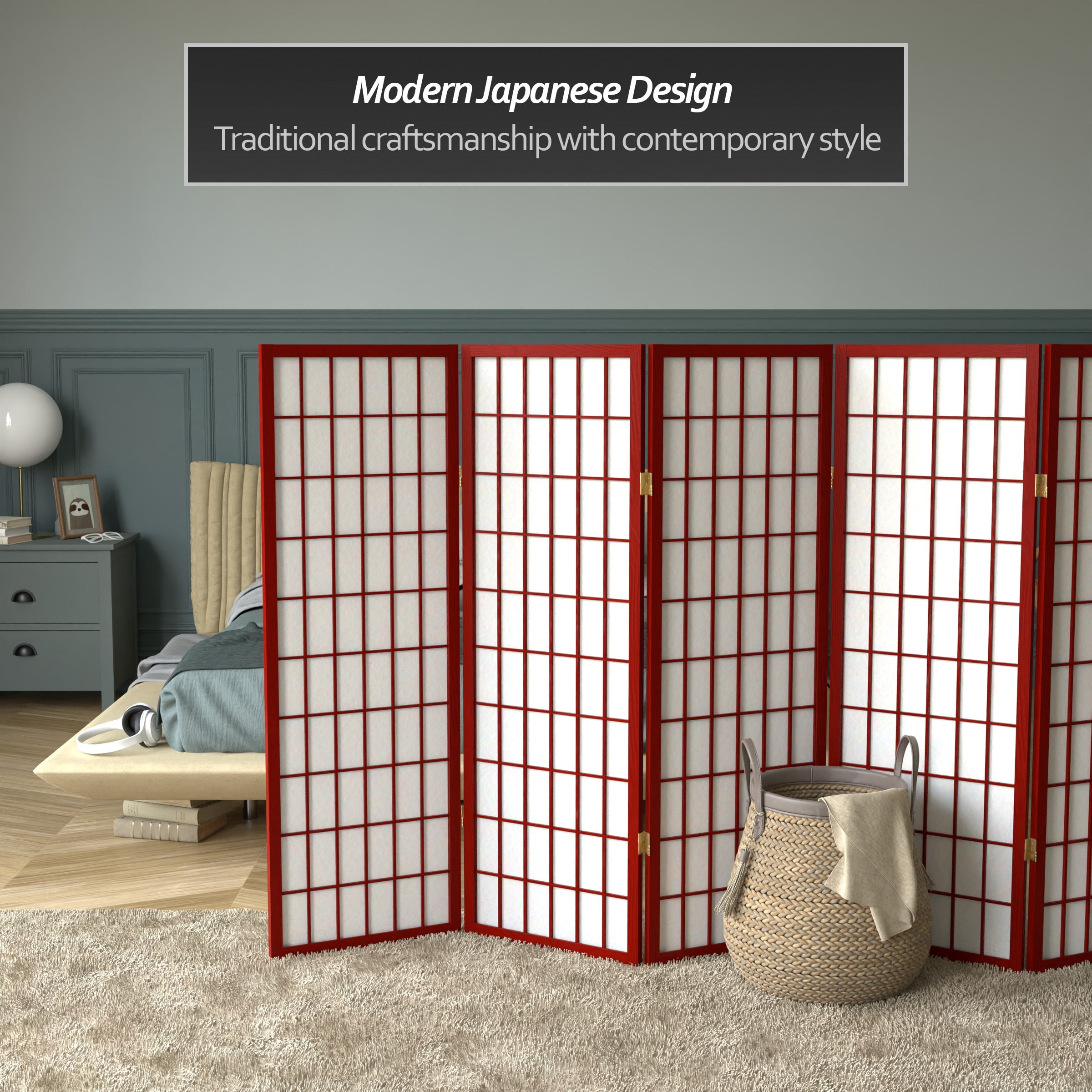 Red Lantern 4 ft. Short Window Pane Shoji Screen - Rosewood - 6 Panels