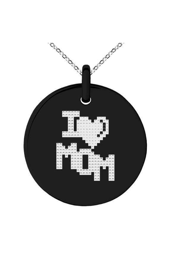 Black Stainless Steel Pixel I Heart Mom Small Medallion Circle Charm Pendant Necklace