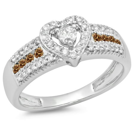 0.55 Carat (ctw) 18K White Gold Round Cut Champagne & White Diamond Ladies Bridal Heart Shaped Promise Engagement Ring 1