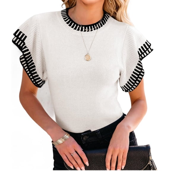 Short Sleeved Womens Ruffle Tops Crew Neck Lightweight Soft Knit Sweater