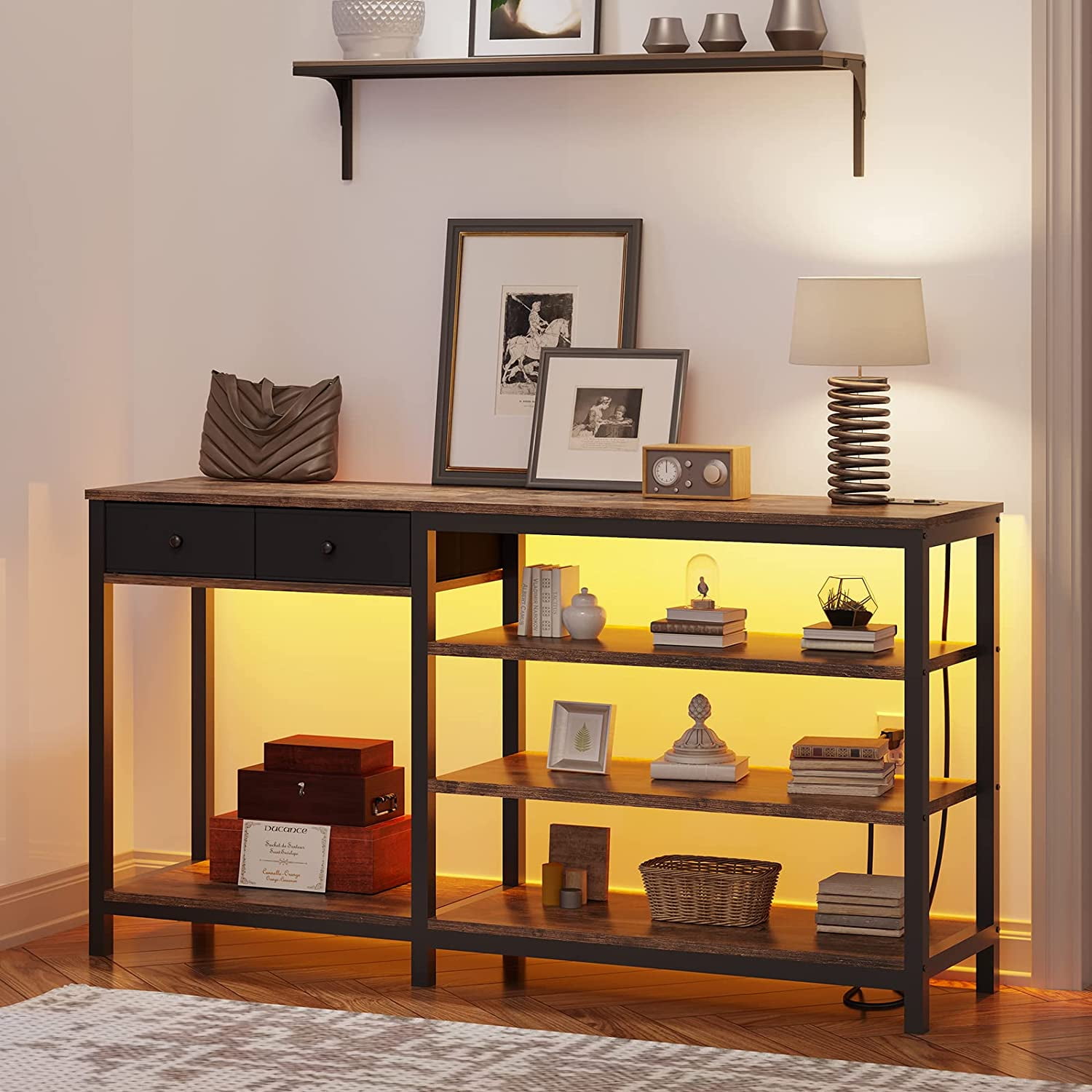 LED Light Console Table with Power Outlet, Entryway Table with Drawers