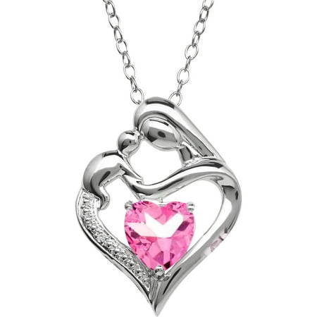 Mother and Child Created Pink Sapphire and Diamond Accent Pendant in Sterling Silver, 18