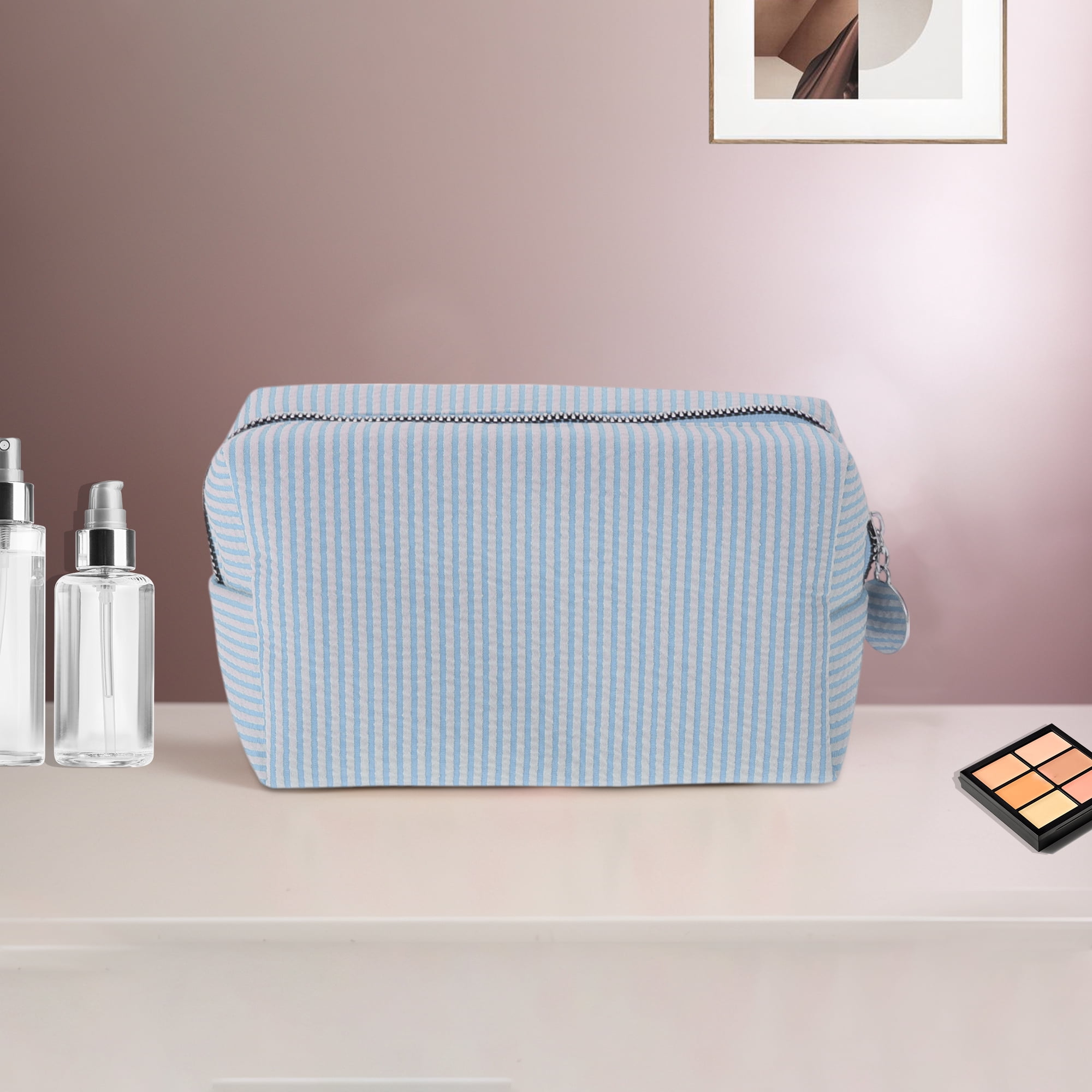 Unique Bargains 1 Pc Striped Pattern Makeup Bag with Smooth Drawstring Design Light Blue