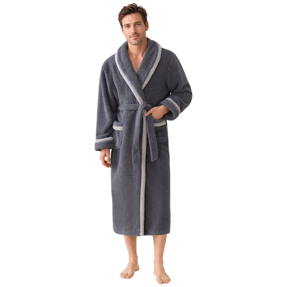 Mens Robe - LOFIR Plush Fleece Robes for Men, Long Warm Winter Thick Bathrobes, Soft Sleepwear with Shawl Collar and Pockets for Men, Gray LXL