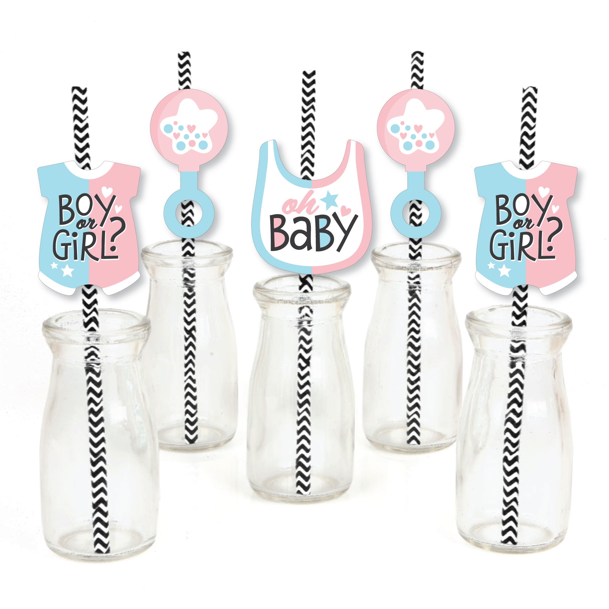 Big Dot of Happiness Baby Gender Reveal - Pink & Blue - Team Boy or Girl Party Striped Decorative Straws 24 Ct