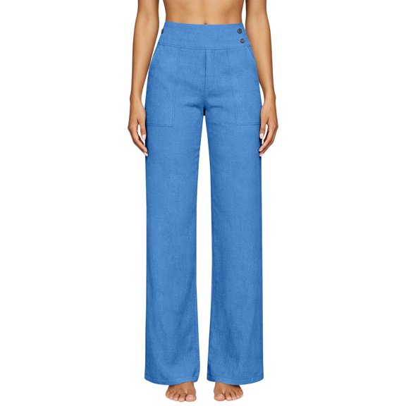 Yifymode Women High Waist Straight Leg Pants Casual Wide Leg Trousers with Pockets for Work,Light Blue 2XL